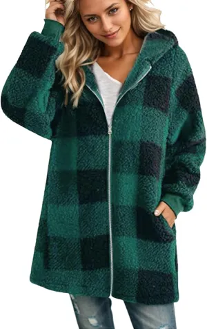 Flannel Plaid Shacket Women Plus Size Zip Up Hooded Jacket Casual Long Sleeve Sherpa Winter Coats with Pocket
