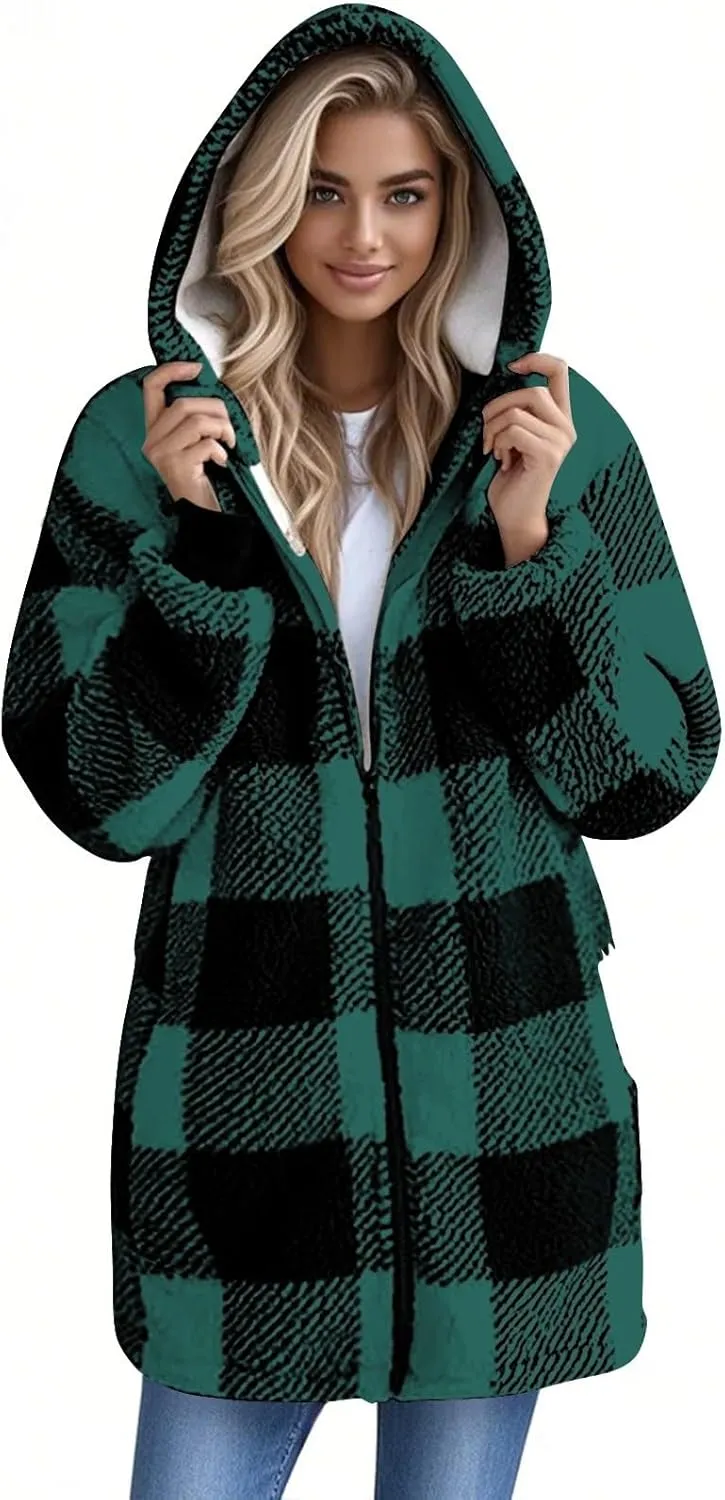 Flannel Plaid Shacket Women Plus Size Zip Up Hooded Jacket Casual Long Sleeve Sherpa Winter Coats with Pocket