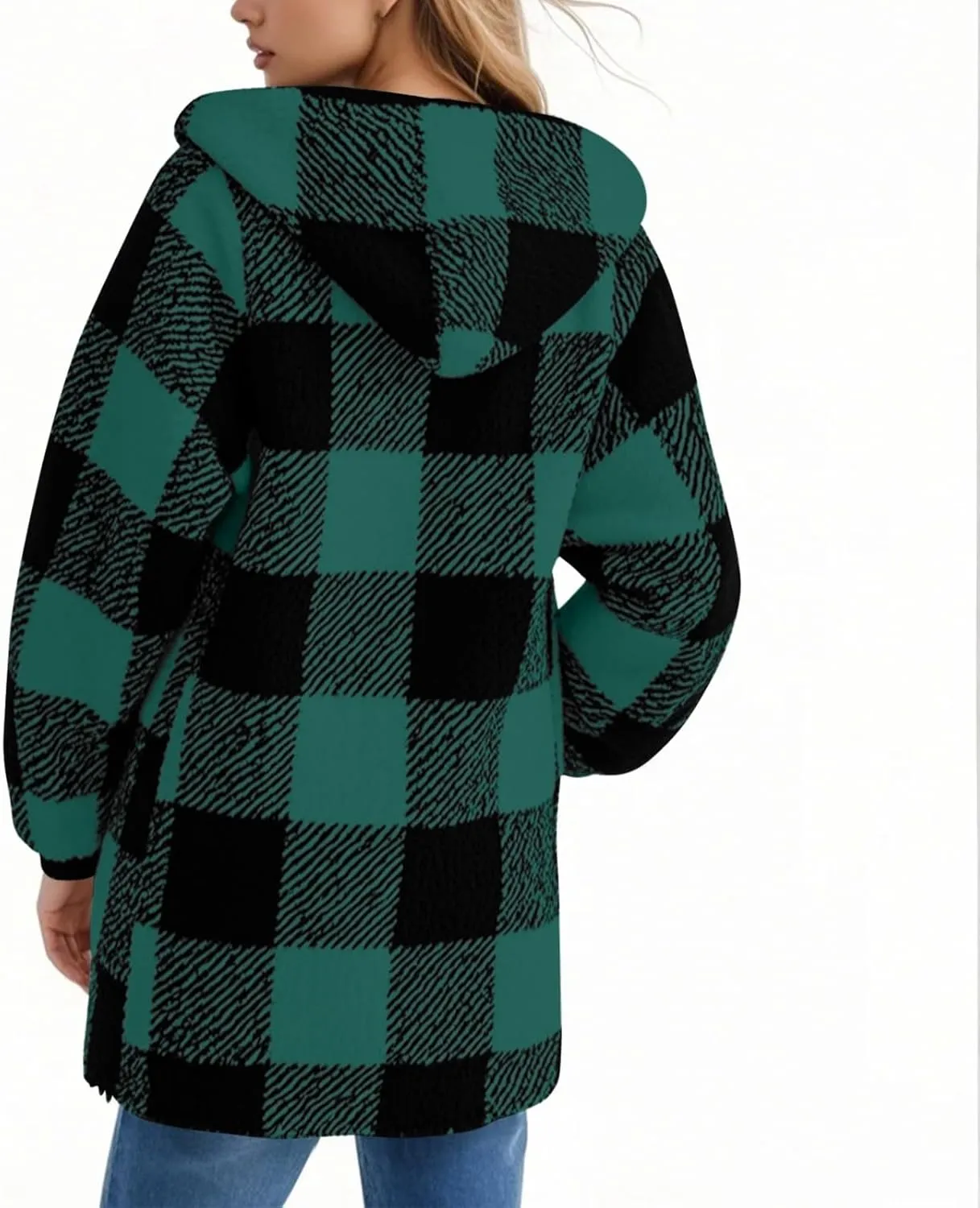 Flannel Plaid Shacket Women Plus Size Zip Up Hooded Jacket Casual Long Sleeve Sherpa Winter Coats with Pocket