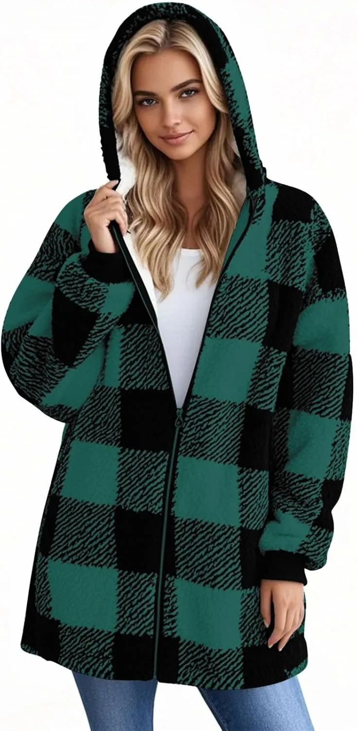 Flannel Plaid Shacket Women Plus Size Zip Up Hooded Jacket Casual Long Sleeve Sherpa Winter Coats with Pocket