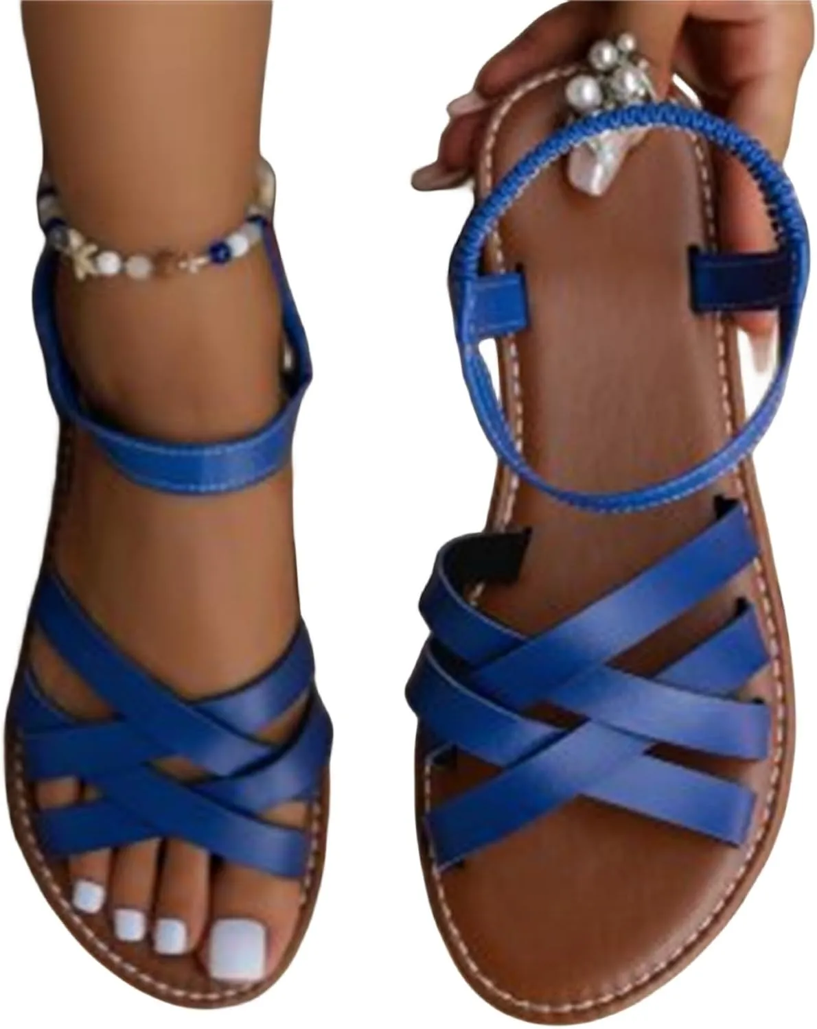 Flat Sandals for Women Comfortable Wide Width Slippers Open Toe Ankle Strap Sandals Beach Outdoor Roman Summer Shoes