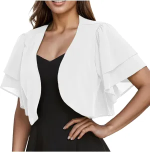 Formal Jacket for Evening Dresses Elegant Short Sleeve Shrug Cropped Bolero Open Front Chiffon Cardigan Blouses