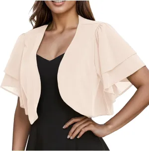 Formal Jacket for Evening Dresses Elegant Short Sleeve Shrug Cropped Bolero Open Front Chiffon Cardigan Blouses