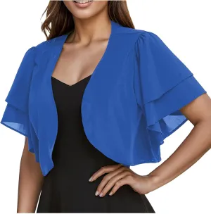 Formal Jacket for Evening Dresses Elegant Short Sleeve Shrug Cropped Bolero Open Front Chiffon Cardigan Blouses