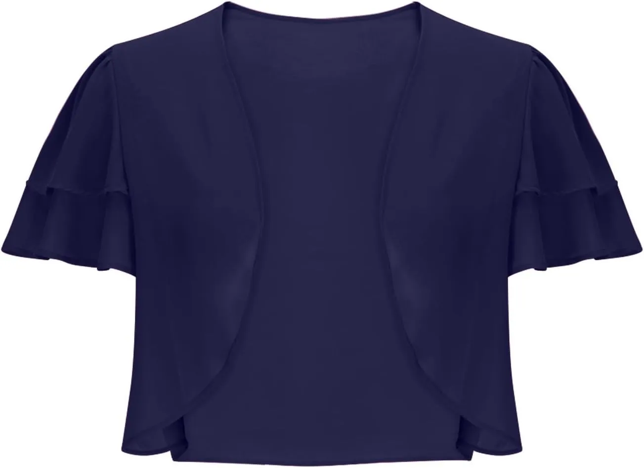 Formal Jacket for Evening Dresses Elegant Short Sleeve Shrug Cropped Bolero Open Front Chiffon Cardigan Blouses
