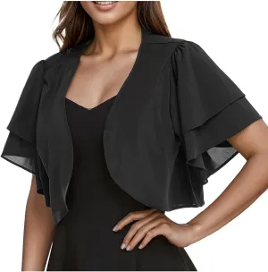 Formal Jacket for Evening Dresses Elegant Short Sleeve Shrug Cropped Bolero Open Front Chiffon Cardigan Blouses