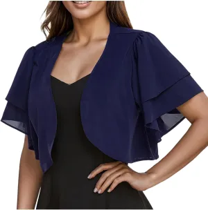 Formal Jacket for Evening Dresses Elegant Short Sleeve Shrug Cropped Bolero Open Front Chiffon Cardigan Blouses