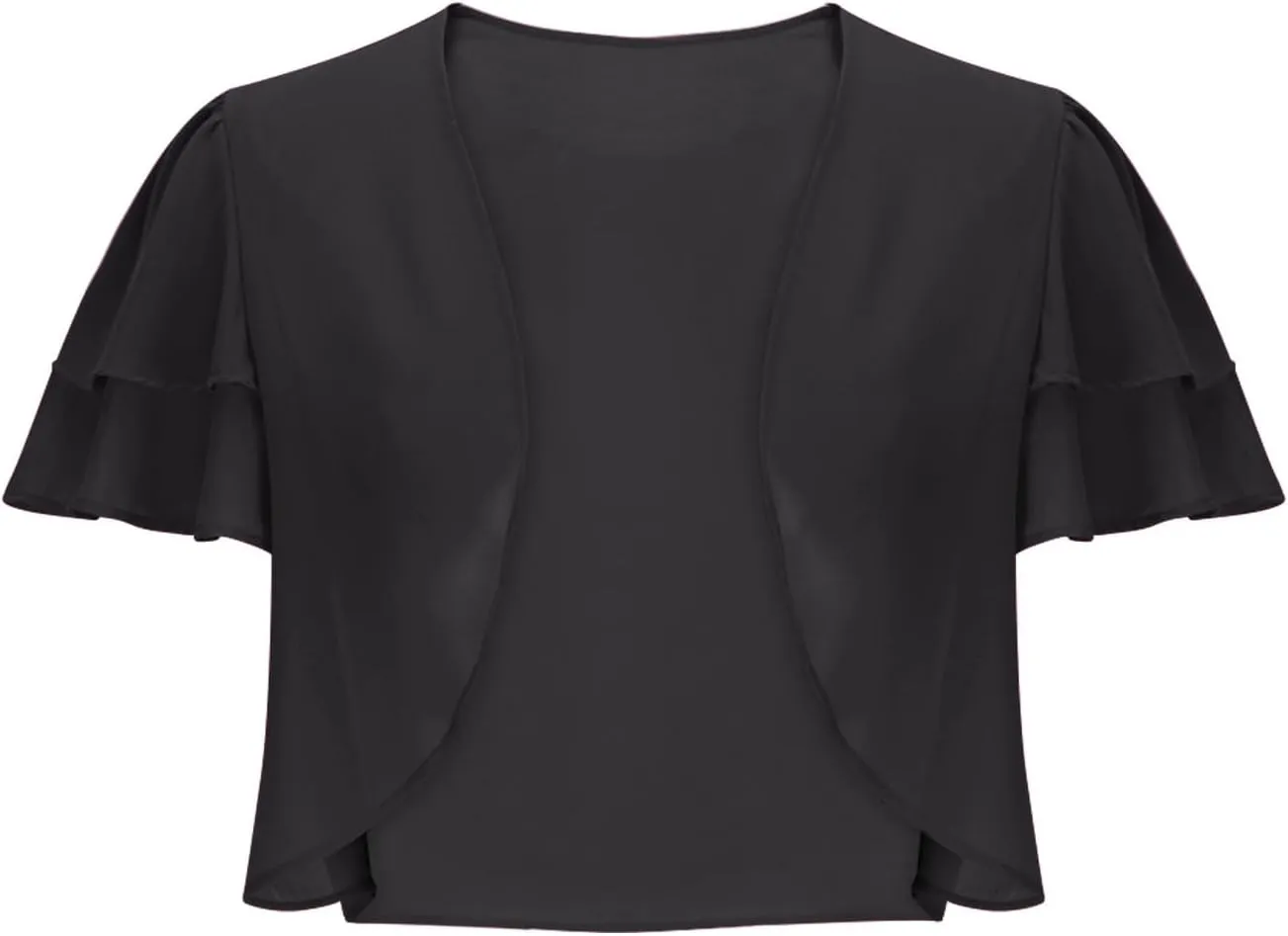 Formal Jacket for Evening Dresses Elegant Short Sleeve Shrug Cropped Bolero Open Front Chiffon Cardigan Blouses
