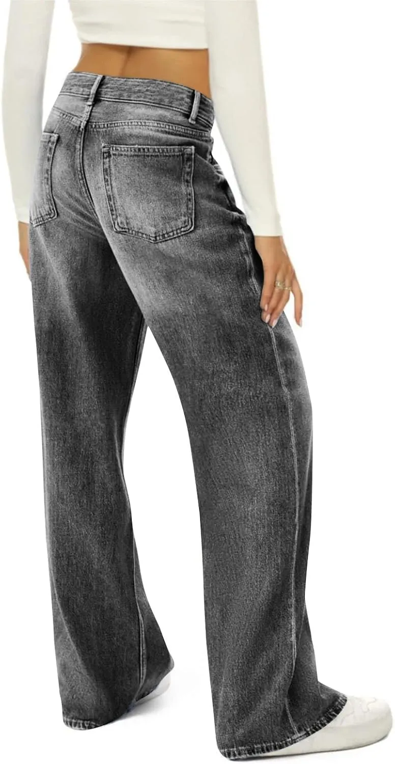 FQZWONG Wide Leg Jeans Woman Plus Size High Waisted Straight Palazzo Pants Loose Casual Solid Tummy Control Denim Sweatpants