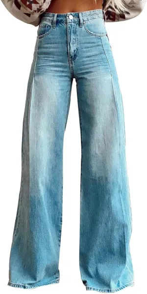 FQZWONG Wide Leg Jeans Woman Plus Size High Waisted Straight Palazzo Pants Loose Casual Solid Tummy Control Denim Sweatpants
