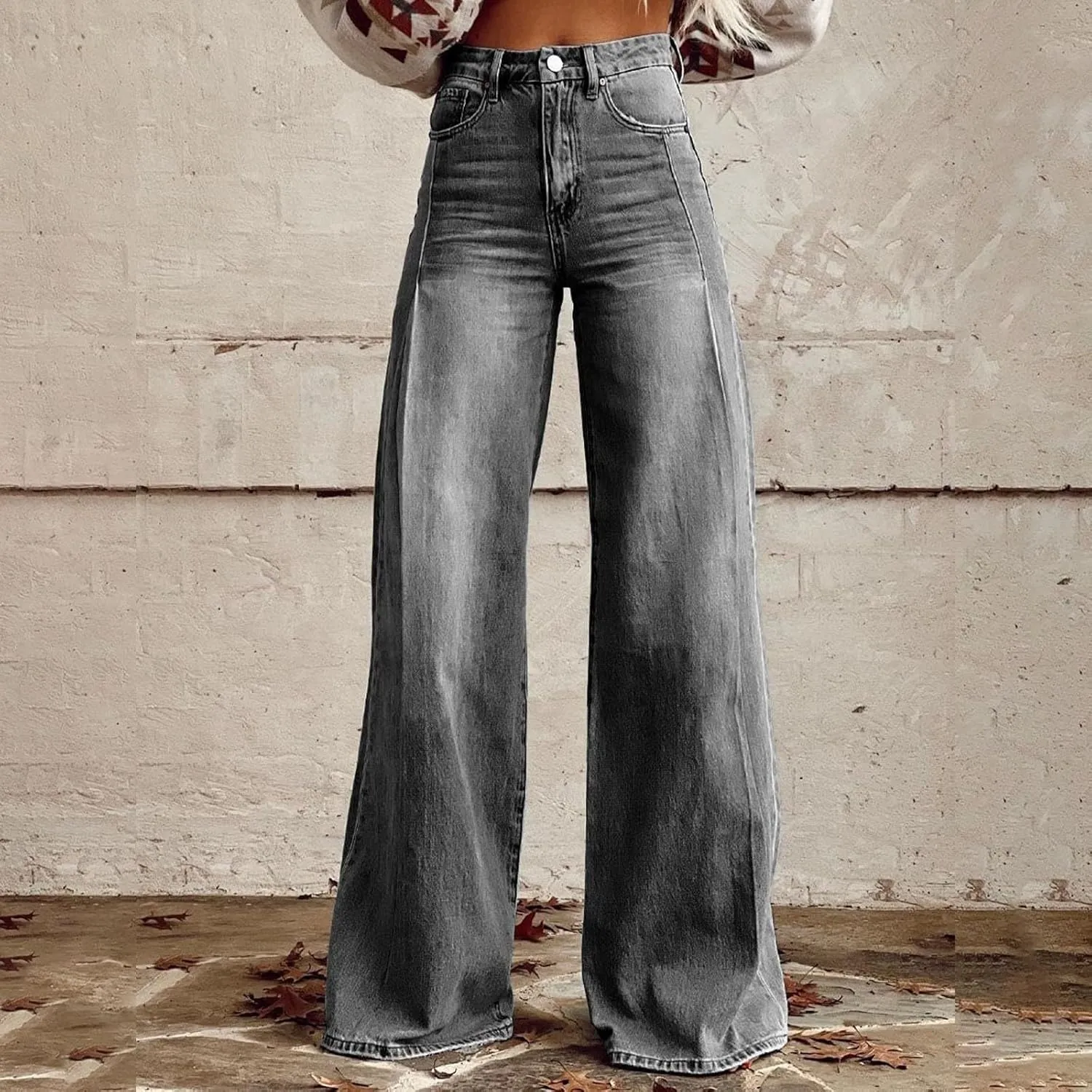 FQZWONG Wide Leg Jeans Woman Plus Size High Waisted Straight Palazzo Pants Loose Casual Solid Tummy Control Denim Sweatpants