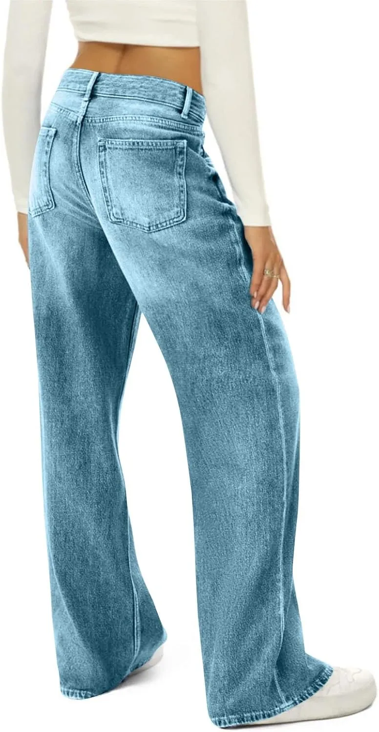 FQZWONG Wide Leg Jeans Woman Plus Size High Waisted Straight Palazzo Pants Loose Casual Solid Tummy Control Denim Sweatpants