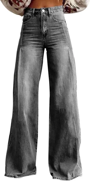 FQZWONG Wide Leg Jeans Woman Plus Size High Waisted Straight Palazzo Pants Loose Casual Solid Tummy Control Denim Sweatpants