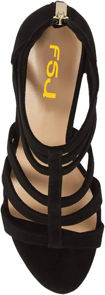 FSJ Women Chunky Mid High Heel Sandals Open Toe T-Strap Pumps Cutout Dress Party Prom Office Strappy Shoes Elastic Back Zipper Size 4-15 US