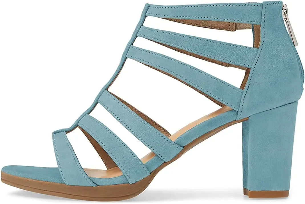 FSJ Women Chunky Mid High Heel Sandals Open Toe T-Strap Pumps Cutout Dress Party Prom Office Strappy Shoes Elastic Back Zipper Size 4-15 US