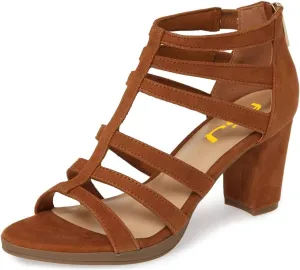 FSJ Women Chunky Mid High Heel Sandals Open Toe T-Strap Pumps Cutout Dress Party Prom Office Strappy Shoes Elastic Back Zipper Size 4-15 US