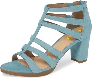 FSJ Women Chunky Mid High Heel Sandals Open Toe T-Strap Pumps Cutout Dress Party Prom Office Strappy Shoes Elastic Back Zipper Size 4-15 US