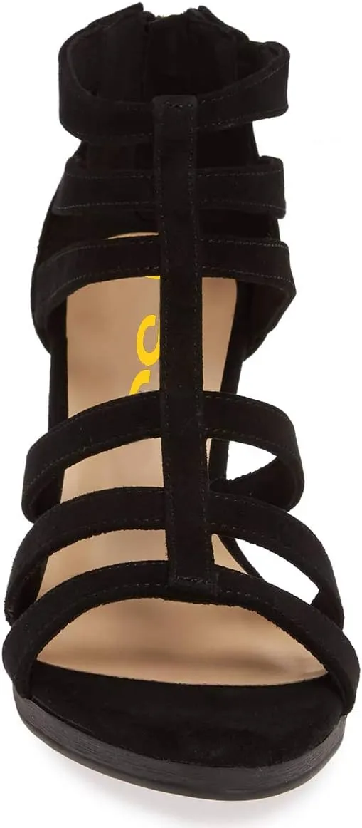 FSJ Women Chunky Mid High Heel Sandals Open Toe T-Strap Pumps Cutout Dress Party Prom Office Strappy Shoes Elastic Back Zipper Size 4-15 US