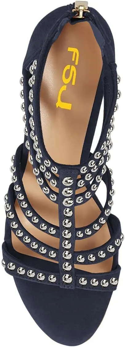 FSJ Women Chunky Mid High Heel Sandals Open Toe T-Strap Pumps Cutout Dress Party Prom Office Strappy Shoes Elastic Back Zipper Size 4-15 US