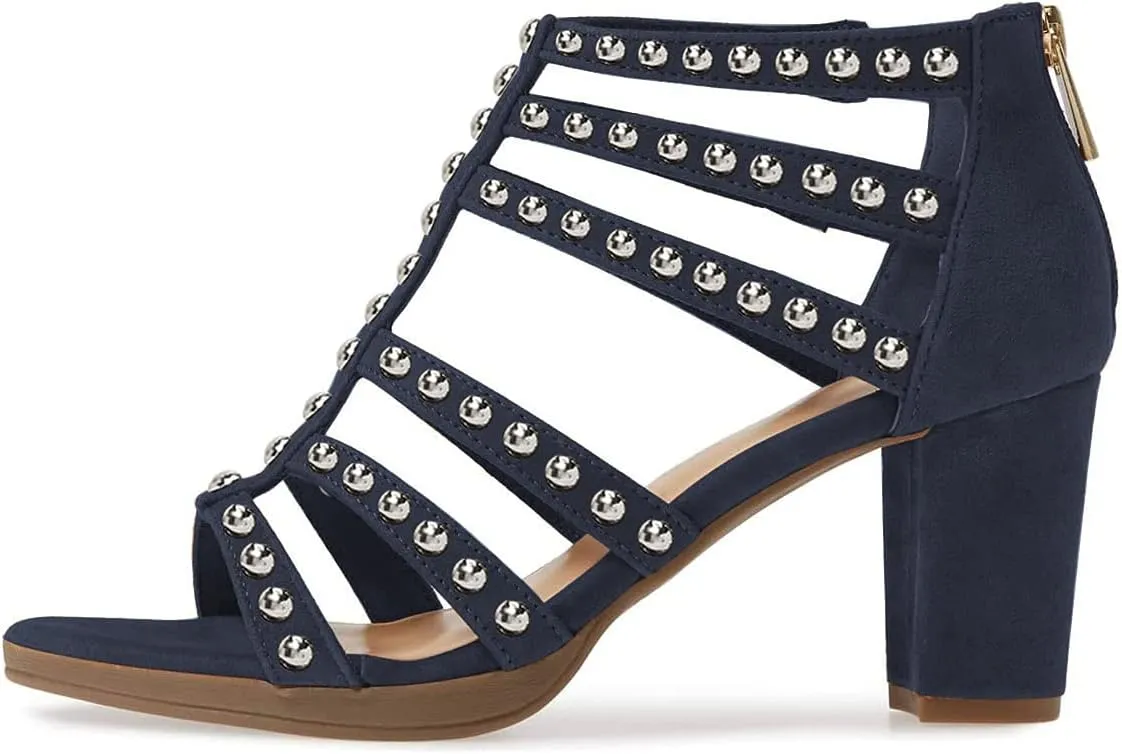 FSJ Women Chunky Mid High Heel Sandals Open Toe T-Strap Pumps Cutout Dress Party Prom Office Strappy Shoes Elastic Back Zipper Size 4-15 US