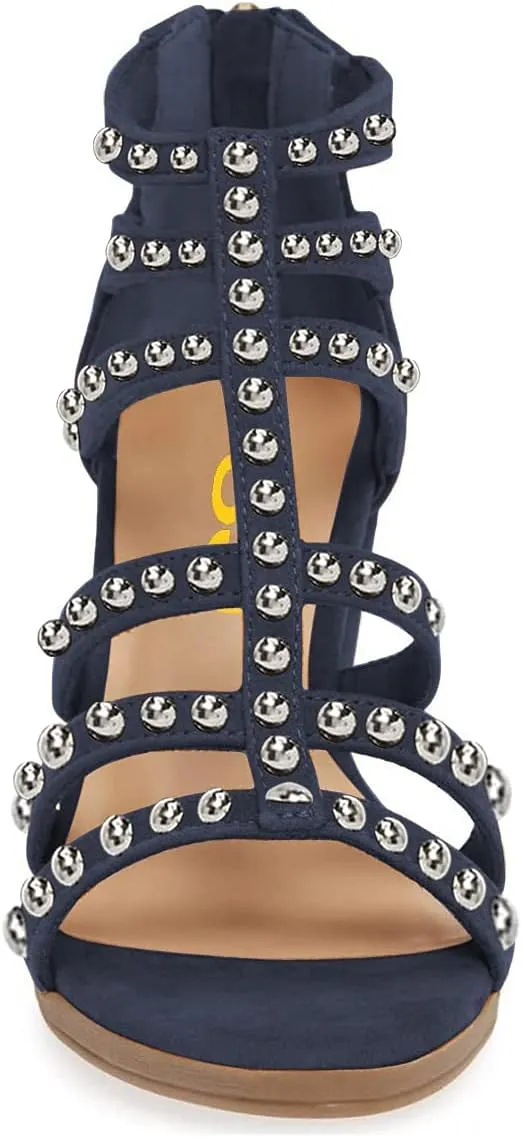FSJ Women Chunky Mid High Heel Sandals Open Toe T-Strap Pumps Cutout Dress Party Prom Office Strappy Shoes Elastic Back Zipper Size 4-15 US