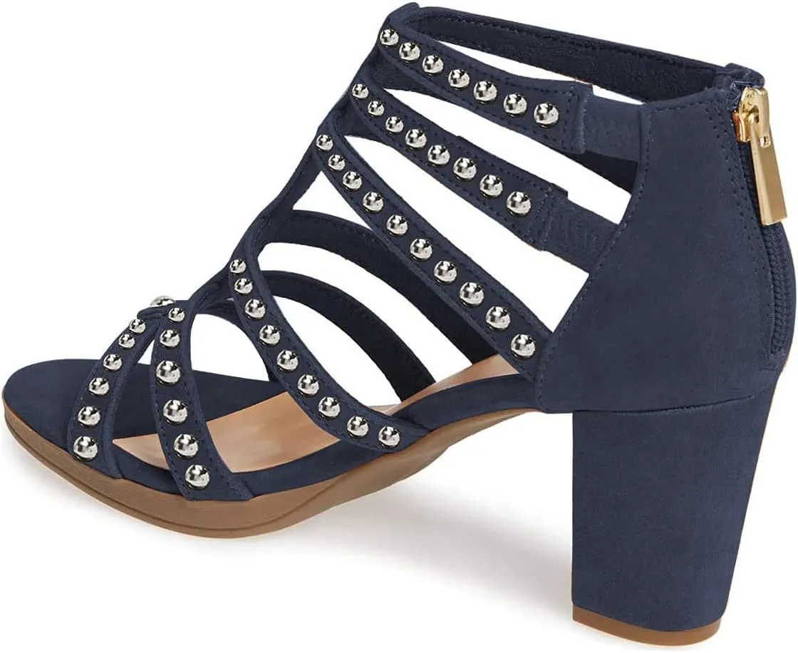 FSJ Women Chunky Mid High Heel Sandals Open Toe T-Strap Pumps Cutout Dress Party Prom Office Strappy Shoes Elastic Back Zipper Size 4-15 US