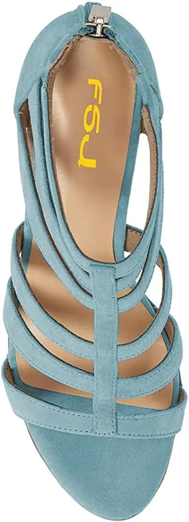 FSJ Women Chunky Mid High Heel Sandals Open Toe T-Strap Pumps Cutout Dress Party Prom Office Strappy Shoes Elastic Back Zipper Size 4-15 US