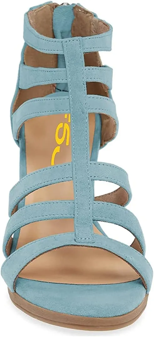 FSJ Women Chunky Mid High Heel Sandals Open Toe T-Strap Pumps Cutout Dress Party Prom Office Strappy Shoes Elastic Back Zipper Size 4-15 US