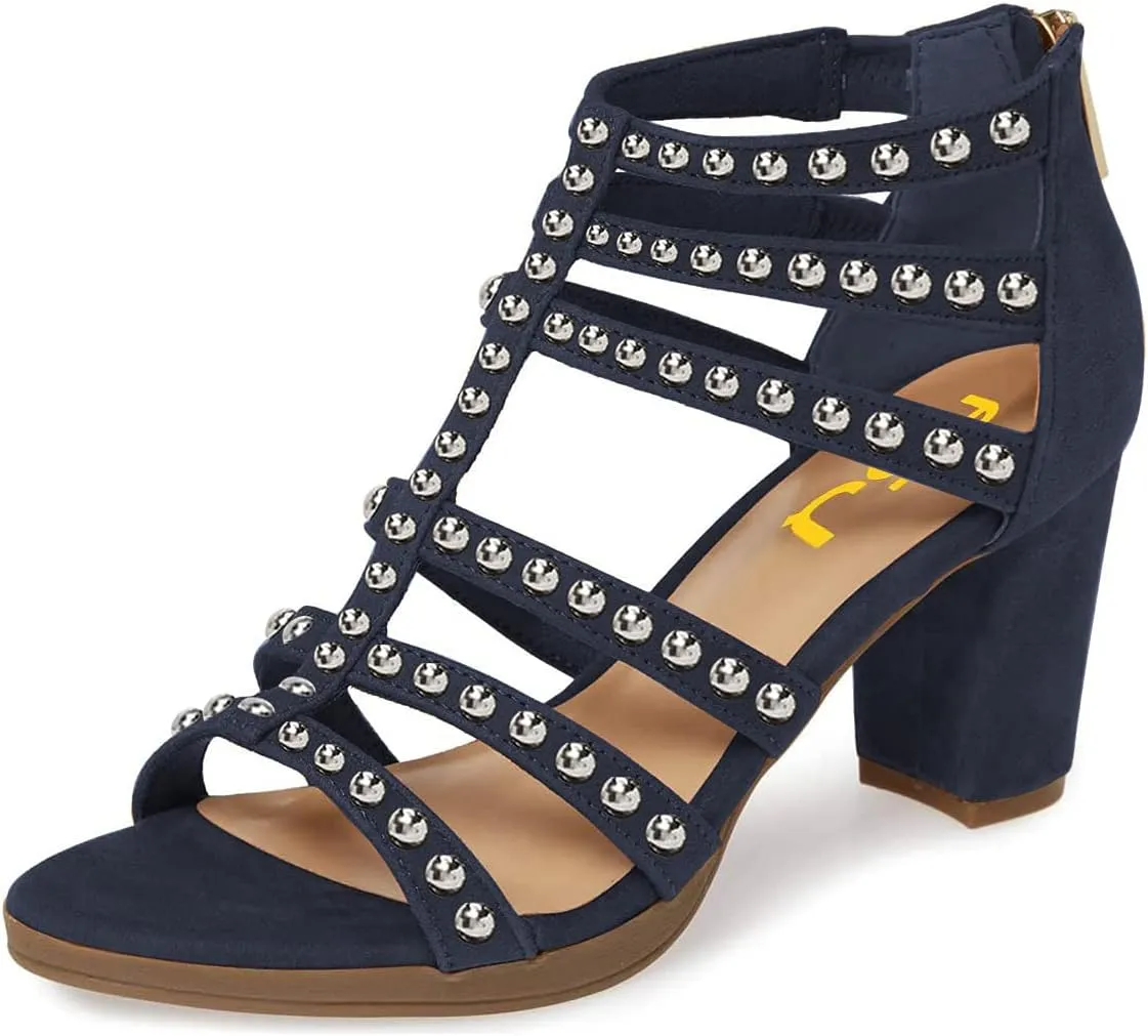 FSJ Women Chunky Mid High Heel Sandals Open Toe T-Strap Pumps Cutout Dress Party Prom Office Strappy Shoes Elastic Back Zipper Size 4-15 US