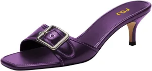 FSJ Women Low Kitten Heel Mules Comfortable Square Open Toe Slip On Sandals Studs Buckled Strap Slides Summer Fashion Slippers Size 4-16 US