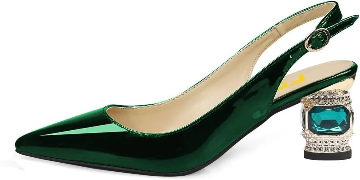 FSJ Women Pointed Toe Slingback Wedding Pumps Chunky Low Heel Rhinestone Sandals Crystal Dress Party Office Shoe with Buckle Size 4-15 M US