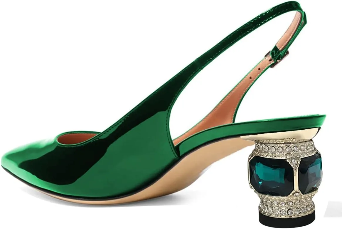 FSJ Women Pointed Toe Slingback Wedding Pumps Chunky Low Heel Rhinestone Sandals Crystal Dress Party Office Shoe with Buckle Size 4-15 M US