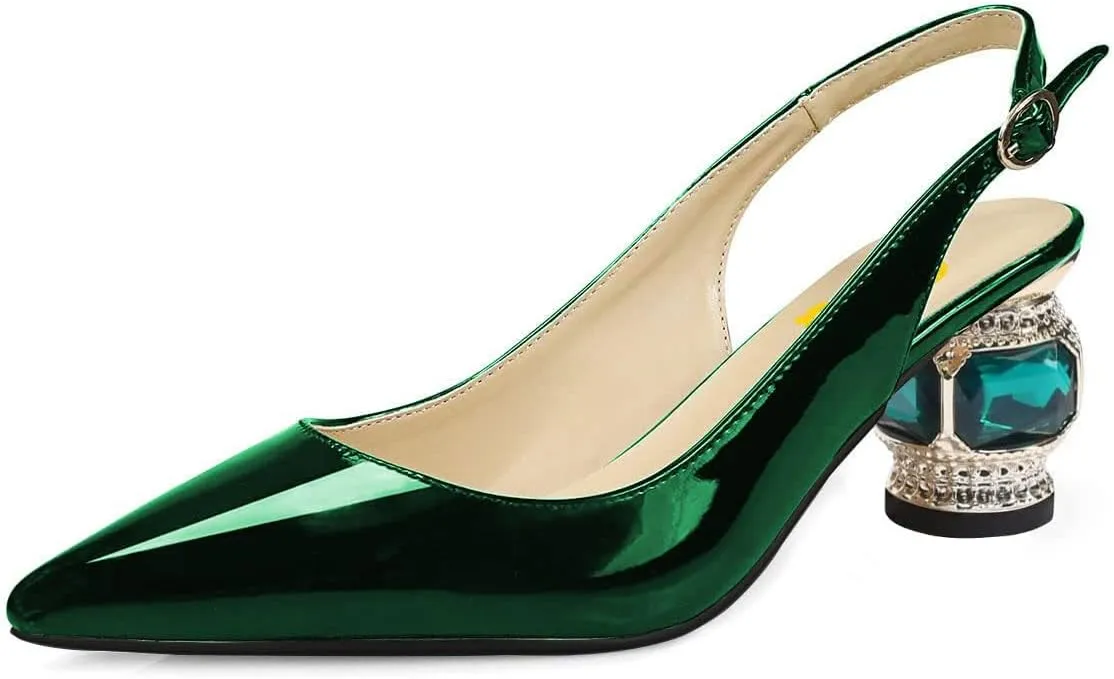 FSJ Women Pointed Toe Slingback Wedding Pumps Chunky Low Heel Rhinestone Sandals Crystal Dress Party Office Shoe with Buckle Size 4-15 M US