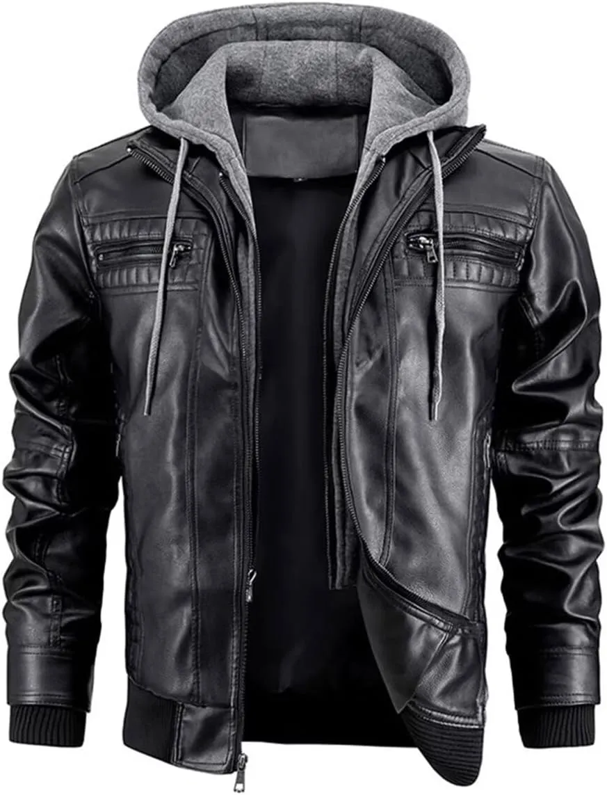FTIMILD Mens Leather Jacket Leather Motorcycle Jacket with Removable Hood Waterproof Bomber Jackets Multiple Pockets