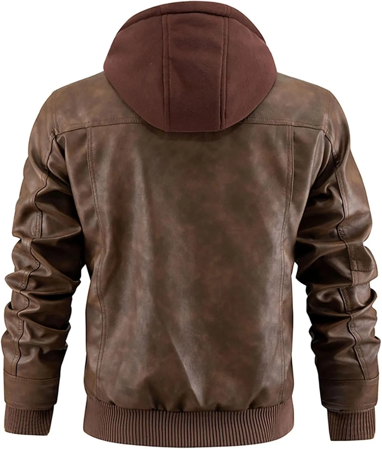 FTIMILD Mens Leather Jacket Leather Motorcycle Jacket with Removable Hood Waterproof Bomber Jackets Multiple Pockets