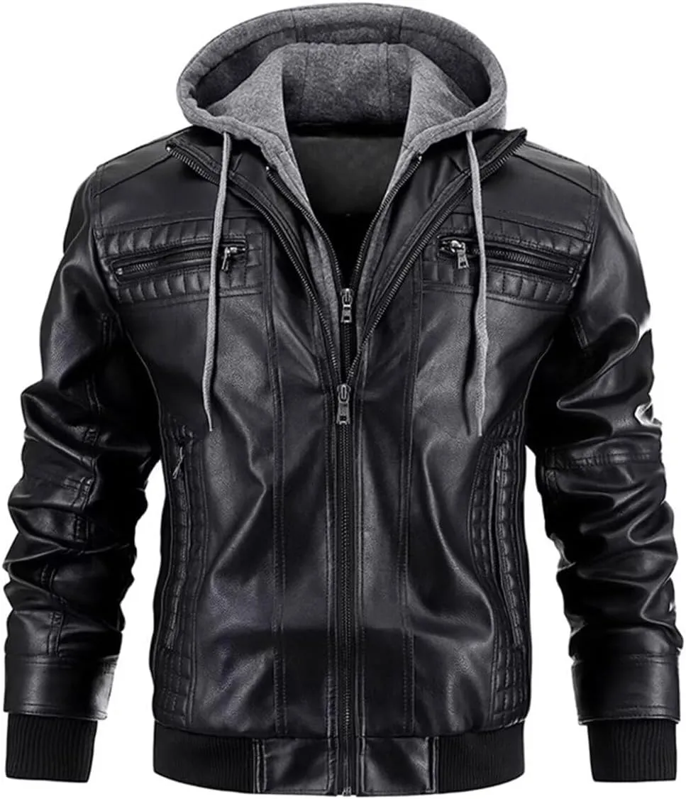 FTIMILD Mens Leather Jacket Leather Motorcycle Jacket with Removable Hood Waterproof Bomber Jackets Multiple Pockets