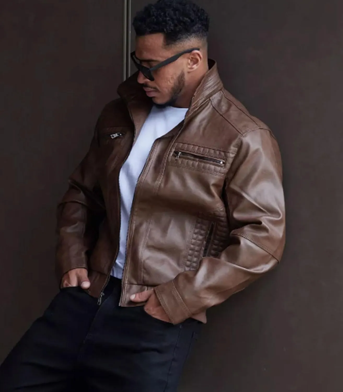 FTIMILD Mens Leather Jacket Leather Motorcycle Jacket with Removable Hood Waterproof Bomber Jackets Multiple Pockets