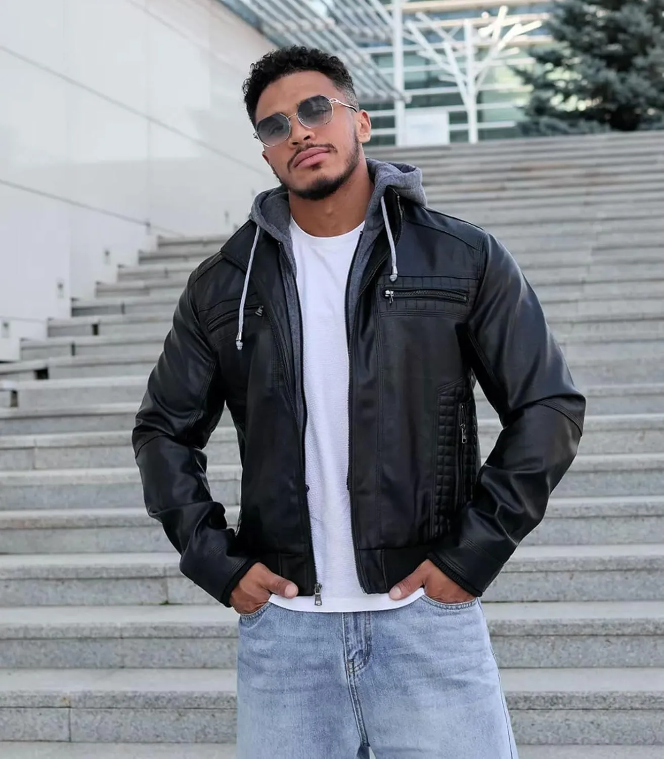 FTIMILD Mens Leather Jacket Leather Motorcycle Jacket with Removable Hood Waterproof Bomber Jackets Multiple Pockets