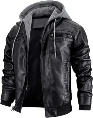 FTIMILD Mens Leather Jacket Leather Motorcycle Jacket with Removable Hood Waterproof Bomber Jackets Multiple Pockets