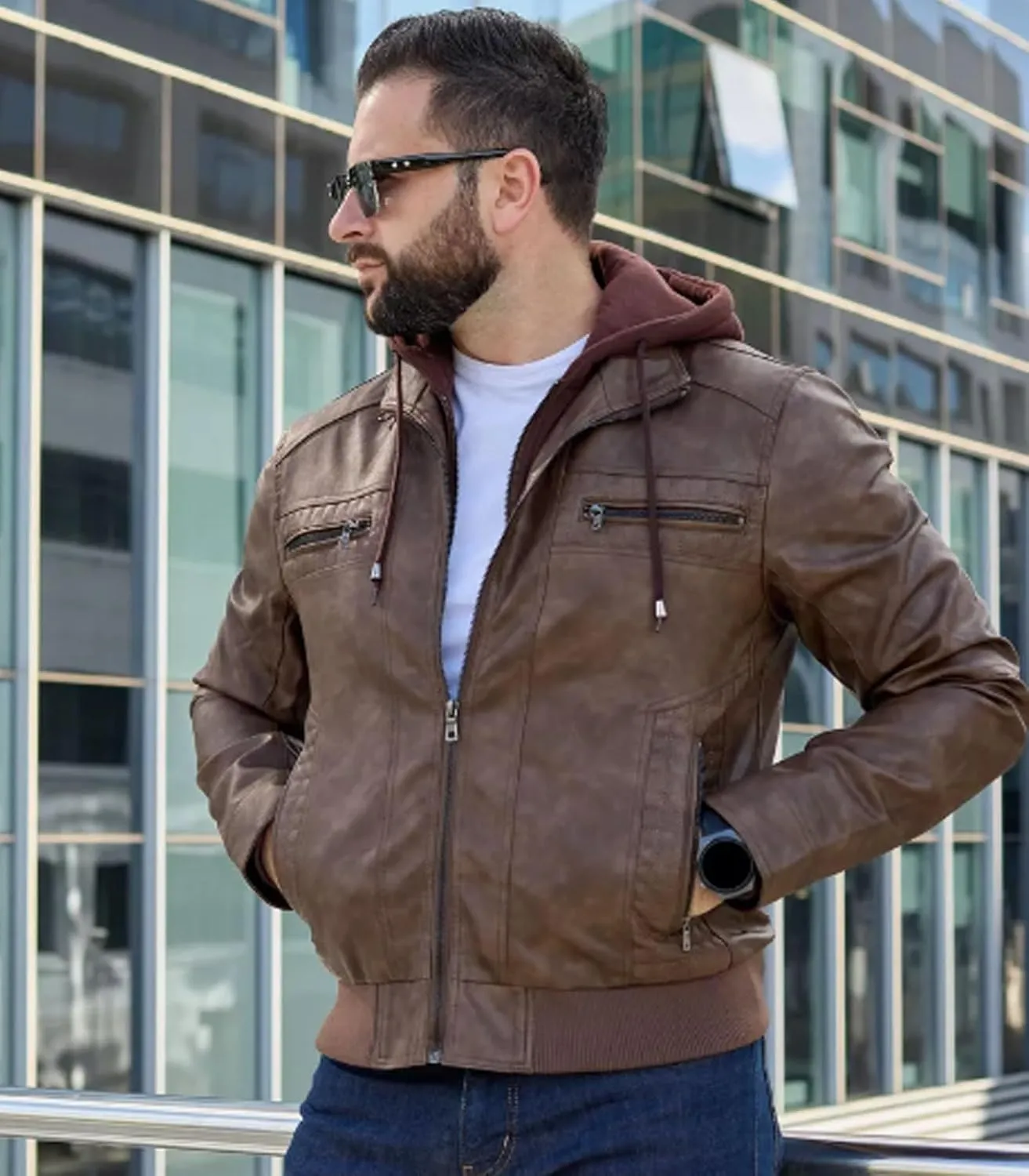 FTIMILD Mens Leather Jacket Leather Motorcycle Jacket with Removable Hood Waterproof Bomber Jackets Multiple Pockets