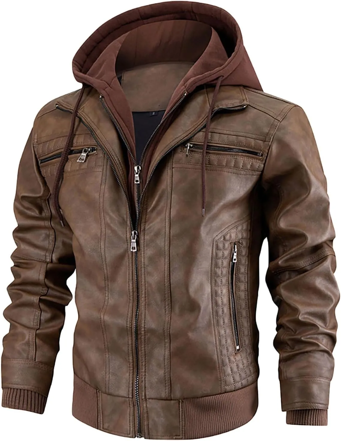 FTIMILD Mens Leather Jacket Leather Motorcycle Jacket with Removable Hood Waterproof Bomber Jackets Multiple Pockets