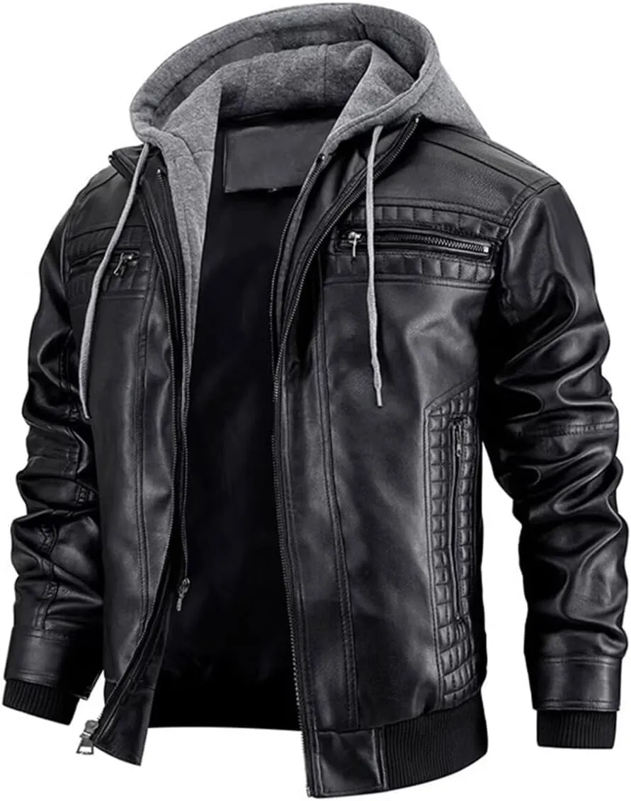 FTIMILD Mens Leather Jacket Leather Motorcycle Jacket with Removable Hood Waterproof Bomber Jackets Multiple Pockets