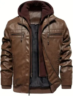 FTIMILD Mens Leather Jacket Leather Motorcycle Jacket with Removable Hood Waterproof Bomber Jackets Multiple Pockets