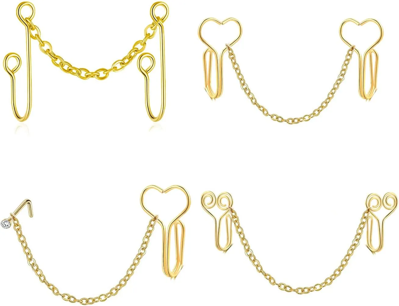 Fuqimanman2020 4pcs African Fake Nose Rings Clip Set, Fake Septum Ring with Heart Nose Chain Cuff CZ Crystal Studs Nostril No Piercing Body Jewelry for Women