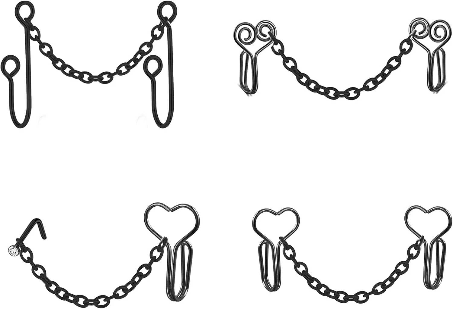 Fuqimanman2020 4pcs African Fake Nose Rings Clip Set, Fake Septum Ring with Heart Nose Chain Cuff CZ Crystal Studs Nostril No Piercing Body Jewelry for Women