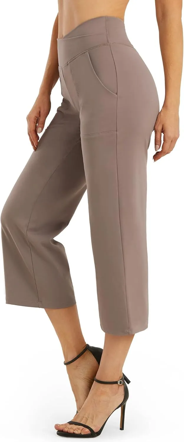 G4Free Capri Pants for Women Wide Leg Yoga Dress Capris with Pockets Cross Loose Casual Work Crop Pants