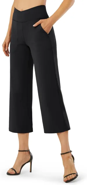 G4Free Capri Pants for Women Wide Leg Yoga Dress Capris with Pockets Cross Loose Casual Work Crop Pants
