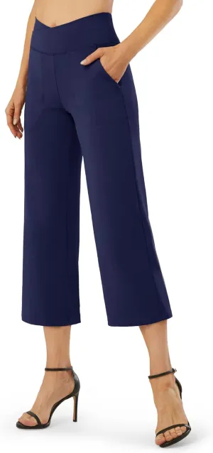 G4Free Capri Pants for Women Wide Leg Yoga Dress Capris with Pockets Cross Loose Casual Work Crop Pants