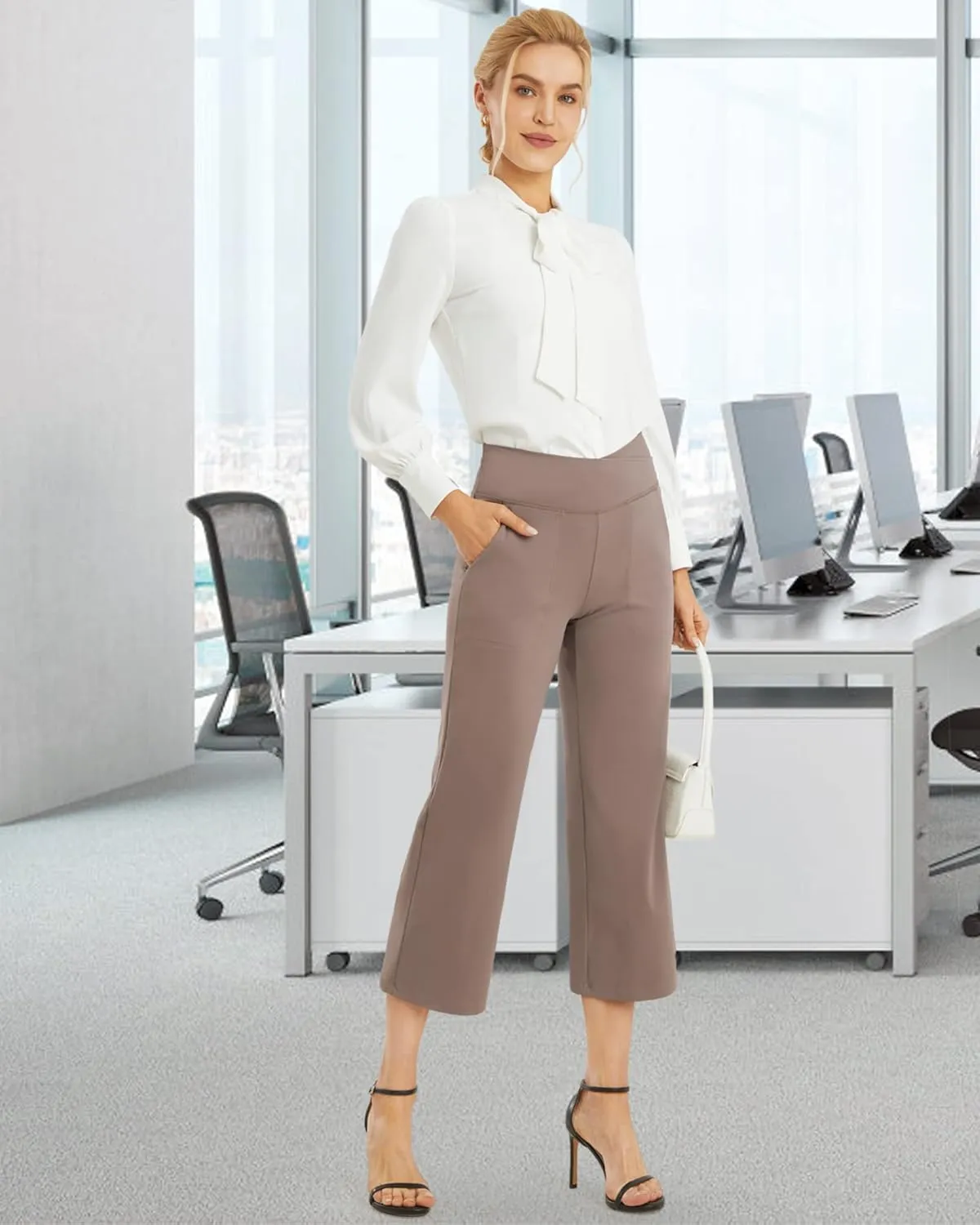 G4Free Capri Pants for Women Wide Leg Yoga Dress Capris with Pockets Cross Loose Casual Work Crop Pants