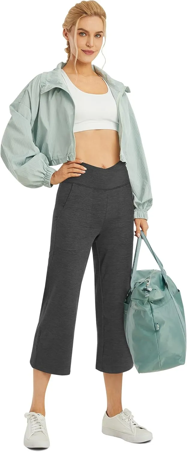 G4Free Capri Pants for Women Wide Leg Yoga Dress Capris with Pockets Cross Loose Casual Work Crop Pants